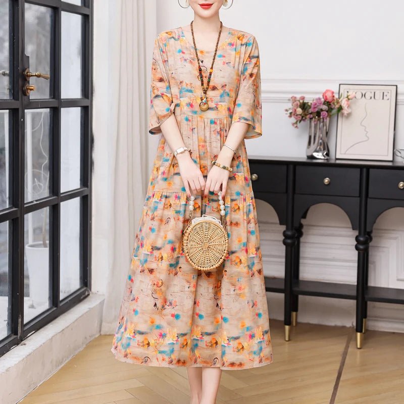 New Print Hot 2025 New Fashion Floral Printed Summer Dress Vestidos Elegant half Sleeve Slim O - Neck Party Women clothing - PratSN