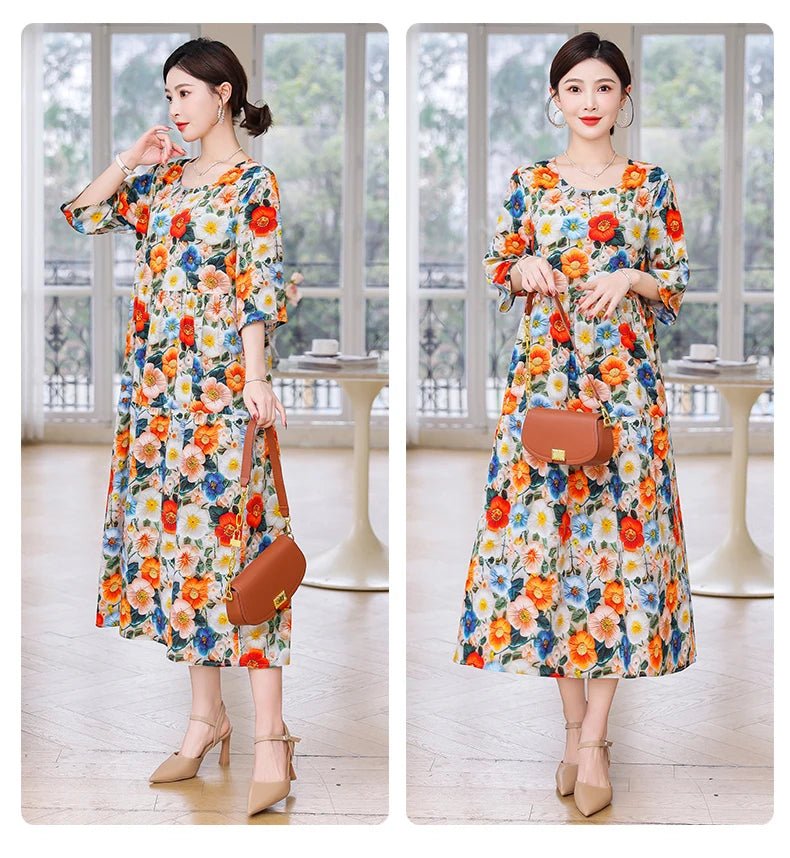 New Print Hot 2025 New Fashion Floral Printed Summer Dress Vestidos Elegant half Sleeve Slim O - Neck Party Women clothing - PratSN