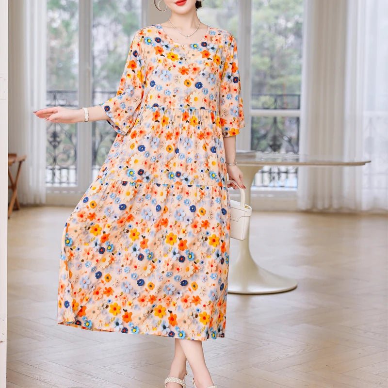 New Print Hot 2025 New Fashion Floral Printed Summer Dress Vestidos Elegant half Sleeve Slim O - Neck Party Women clothing - PratSN