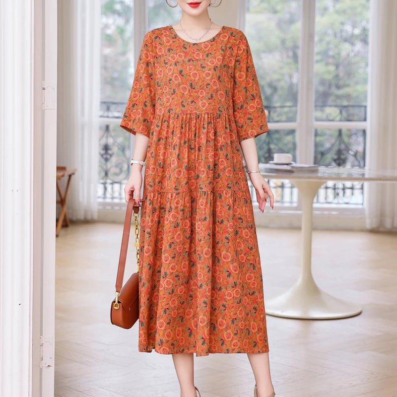 New Print Hot 2025 New Fashion Floral Printed Summer Dress Vestidos Elegant half Sleeve Slim O - Neck Party Women clothing - PratSN
