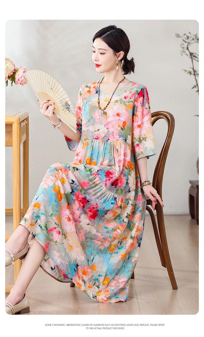 New Print Hot 2025 New Fashion Floral Printed Summer Dress Vestidos Elegant half Sleeve Slim O - Neck Party Women clothing - PratSN