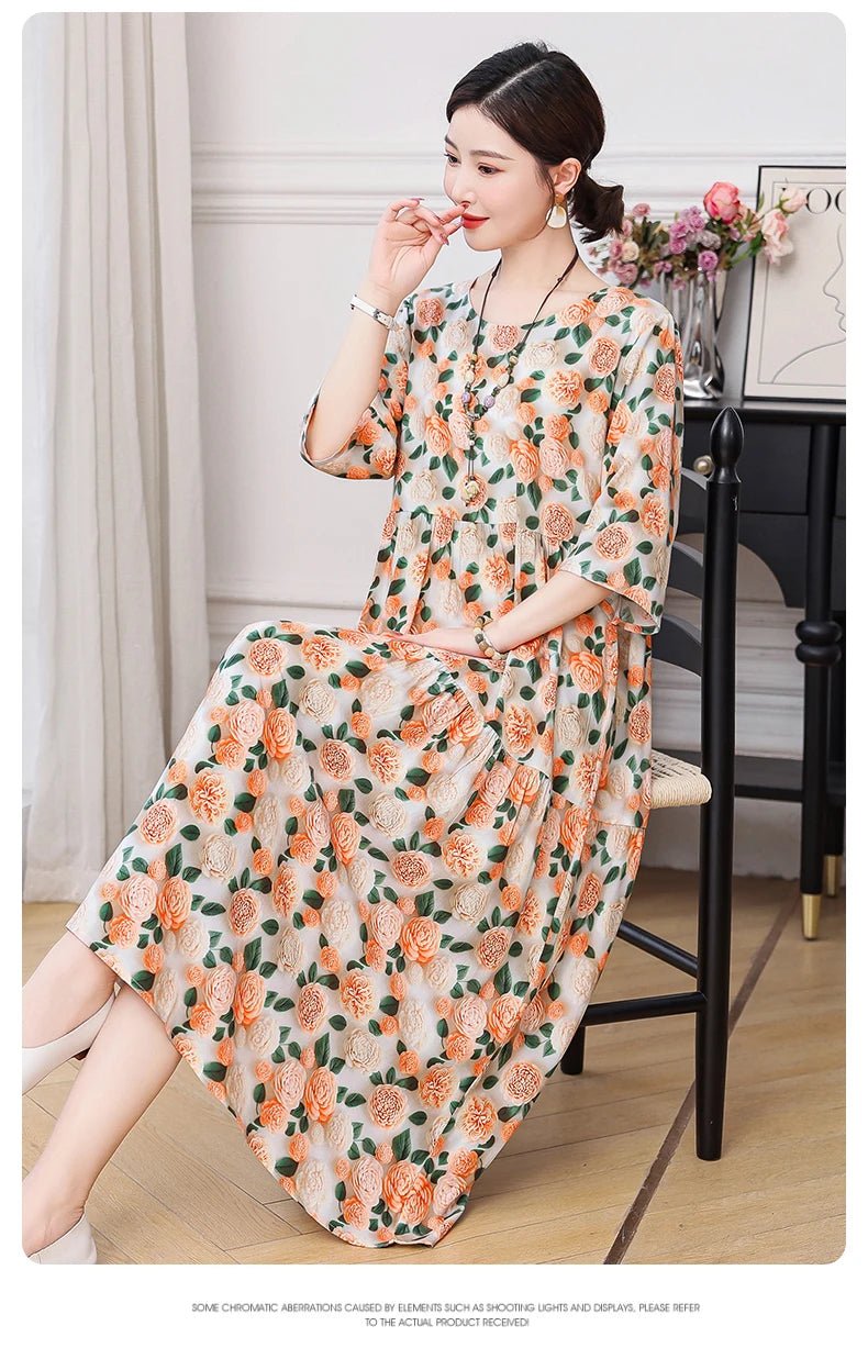 New Print Hot 2025 New Fashion Floral Printed Summer Dress Vestidos Elegant half Sleeve Slim O - Neck Party Women clothing - PratSN
