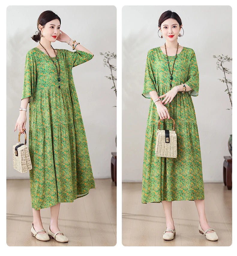 New Print Hot 2025 New Fashion Floral Printed Summer Dress Vestidos Elegant half Sleeve Slim O - Neck Party Women clothing - PratSN