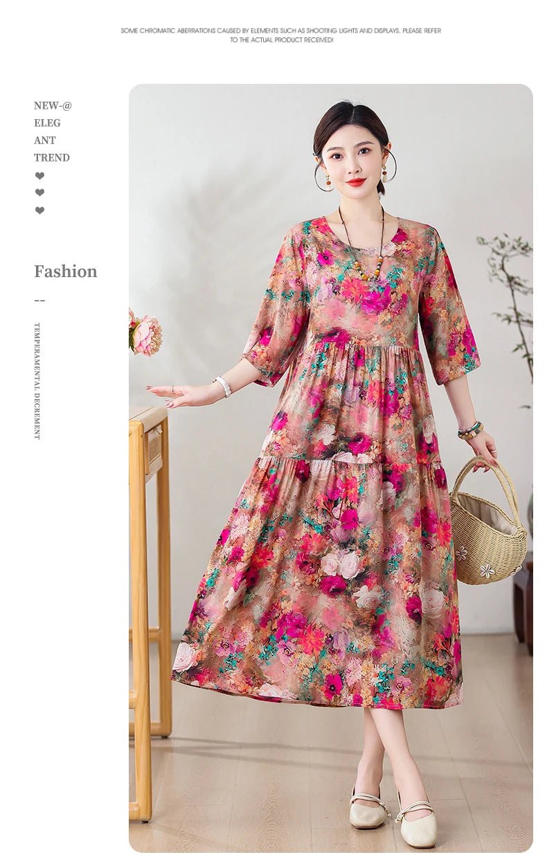 New Print Hot 2025 New Fashion Floral Printed Summer Dress Vestidos Elegant half Sleeve Slim O - Neck Party Women clothing - PratSN