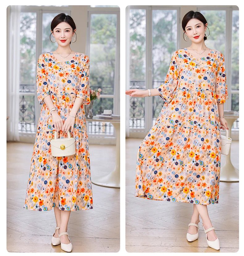 New Print Hot 2025 New Fashion Floral Printed Summer Dress Vestidos Elegant half Sleeve Slim O - Neck Party Women clothing - PratSN