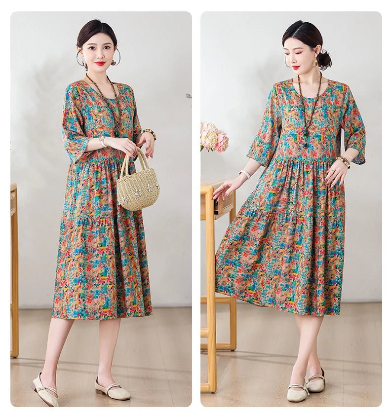 New Print Hot 2025 New Fashion Floral Printed Summer Dress Vestidos Elegant half Sleeve Slim O - Neck Party Women clothing - PratSN
