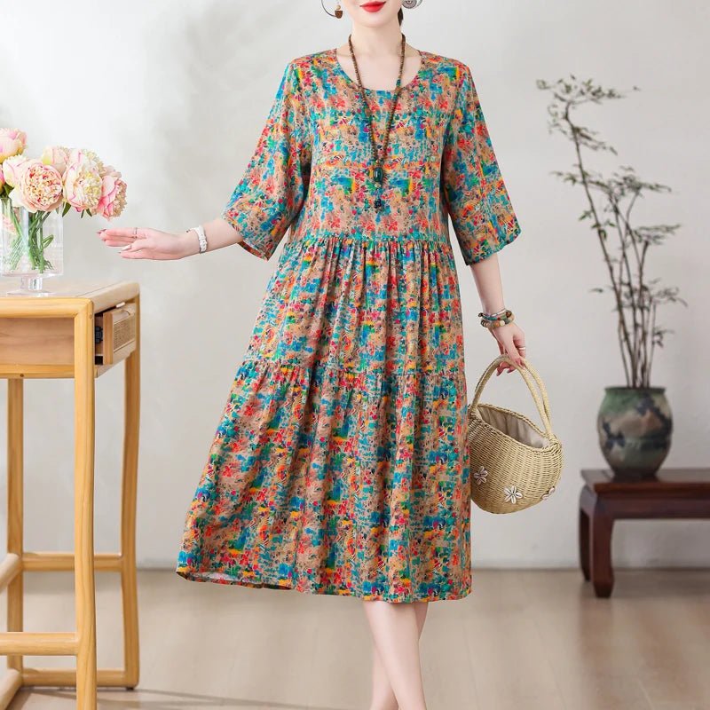 New Print Hot 2025 New Fashion Floral Printed Summer Dress Vestidos Elegant half Sleeve Slim O - Neck Party Women clothing - PratSN