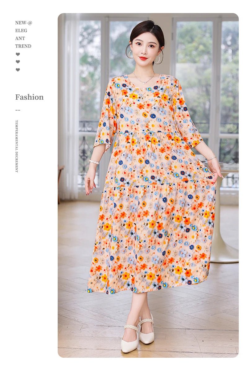 New Print Hot 2025 New Fashion Floral Printed Summer Dress Vestidos Elegant half Sleeve Slim O - Neck Party Women clothing - PratSN