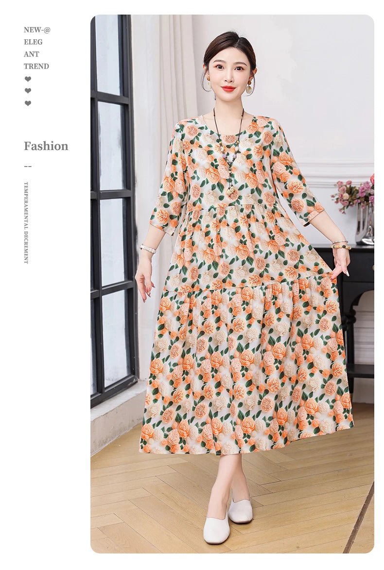 New Print Hot 2025 New Fashion Floral Printed Summer Dress Vestidos Elegant half Sleeve Slim O - Neck Party Women clothing - PratSN