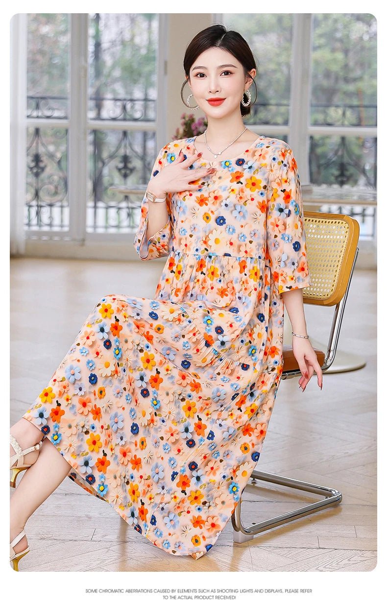 New Print Hot 2025 New Fashion Floral Printed Summer Dress Vestidos Elegant half Sleeve Slim O - Neck Party Women clothing - PratSN