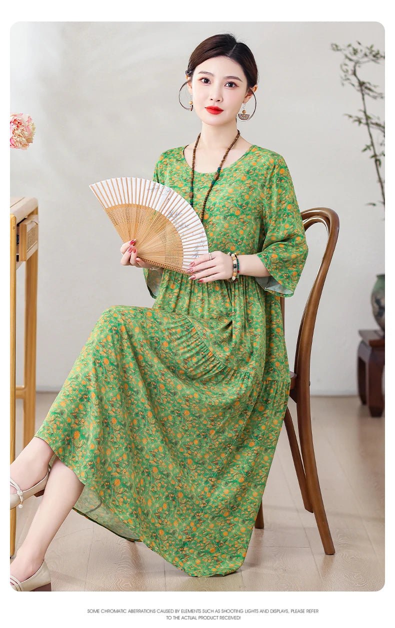 New Print Hot 2025 New Fashion Floral Printed Summer Dress Vestidos Elegant half Sleeve Slim O - Neck Party Women clothing - PratSN