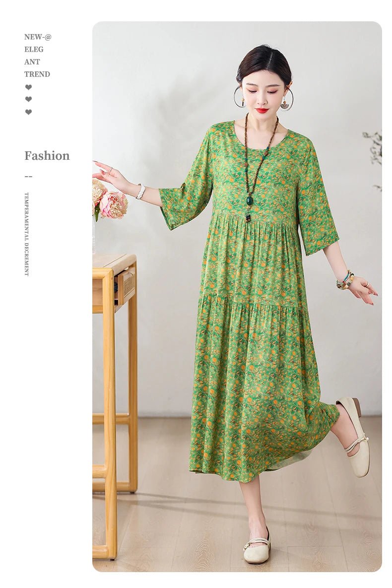 New Print Hot 2025 New Fashion Floral Printed Summer Dress Vestidos Elegant half Sleeve Slim O - Neck Party Women clothing - PratSN