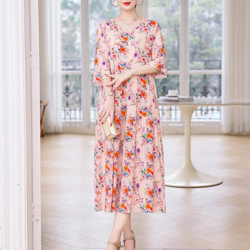 New Print Hot 2025 New Fashion Floral Printed Summer Dress Vestidos Elegant half Sleeve Slim O - Neck Party Women clothing - PratSN