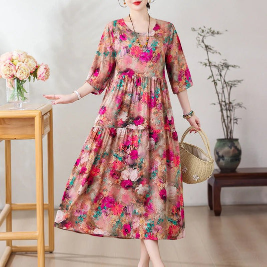 New Print Hot 2025 New Fashion Floral Printed Summer Dress Vestidos Elegant half Sleeve Slim O - Neck Party Women clothing - PratSN