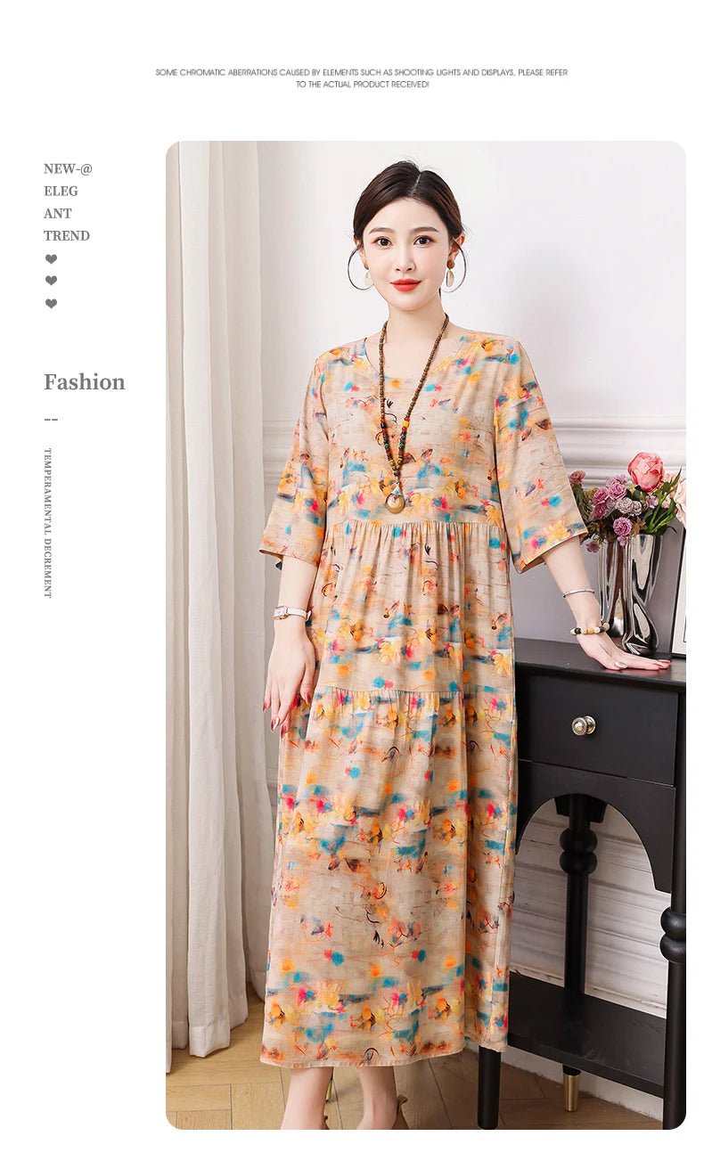 New Print Hot 2025 New Fashion Floral Printed Summer Dress Vestidos Elegant half Sleeve Slim O - Neck Party Women clothing - PratSN