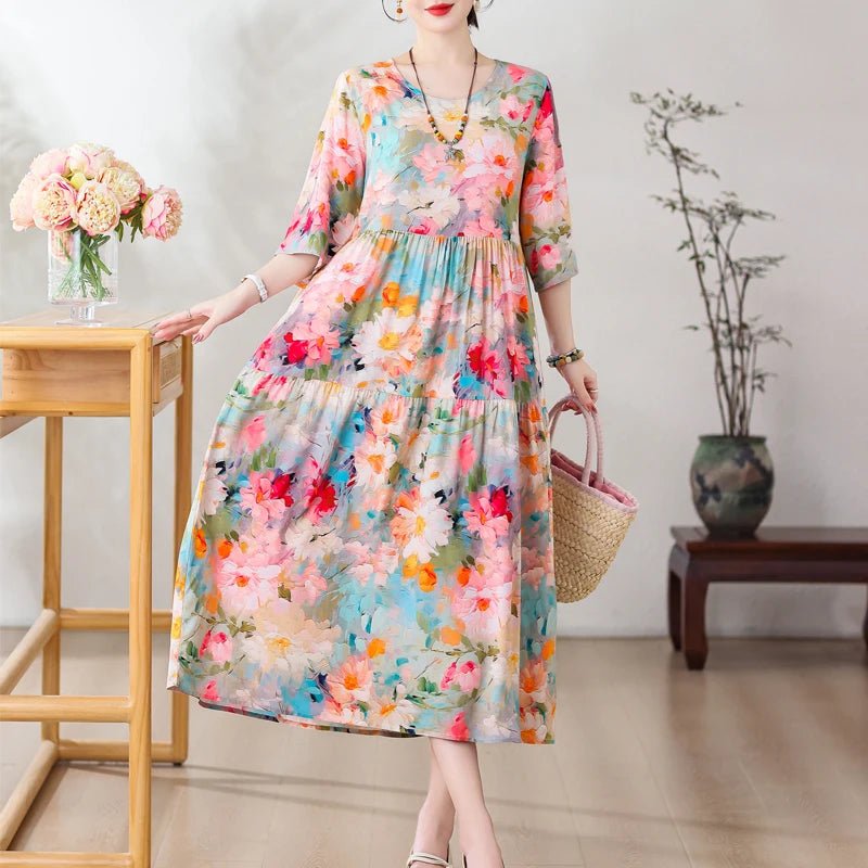 New Print Hot 2025 New Fashion Floral Printed Summer Dress Vestidos Elegant half Sleeve Slim O - Neck Party Women clothing - PratSN
