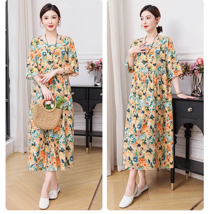 New Print Hot 2025 New Fashion Floral Printed Summer Dress Vestidos Elegant half Sleeve Slim O - Neck Party Women clothing - PratSN
