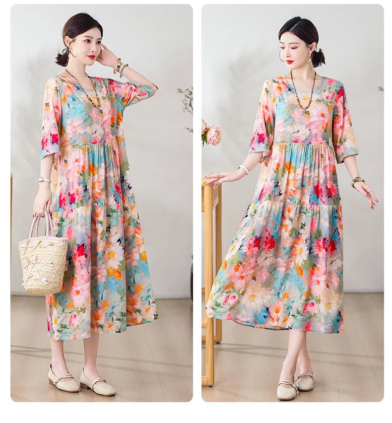 New Print Hot 2025 New Fashion Floral Printed Summer Dress Vestidos Elegant half Sleeve Slim O - Neck Party Women clothing - PratSN