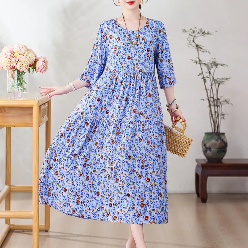 New Print Hot 2025 New Fashion Floral Printed Summer Dress Vestidos Elegant half Sleeve Slim O - Neck Party Women clothing - PratSN