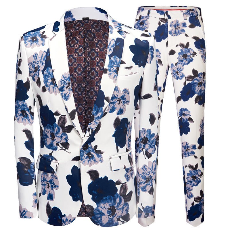 New Printing Men's Suit Set Blue Flower Performing Costumes - PratSN