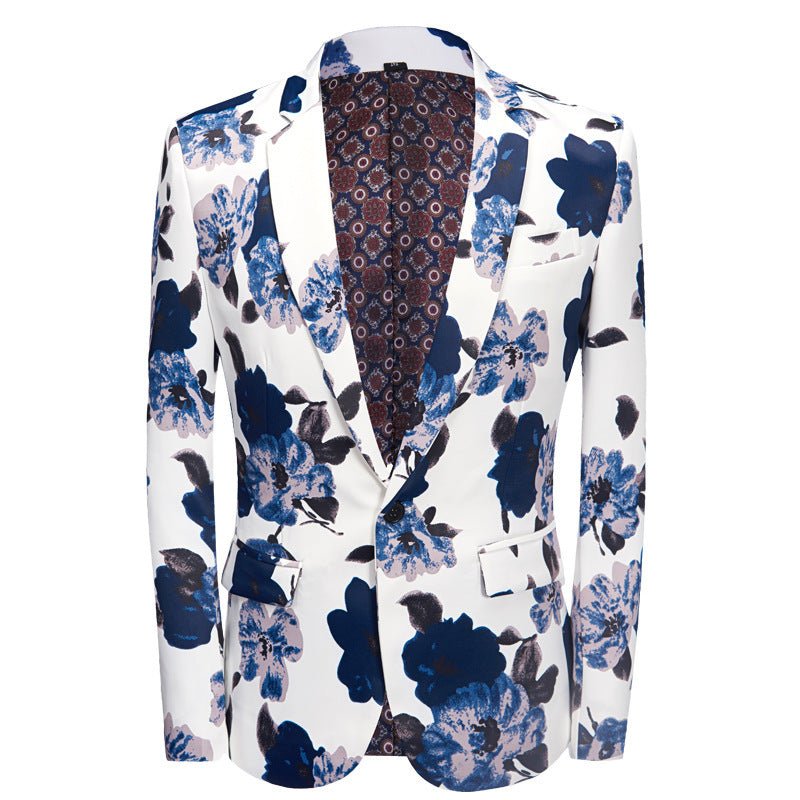 New Printing Men's Suit Set Blue Flower Performing Costumes - PratSN