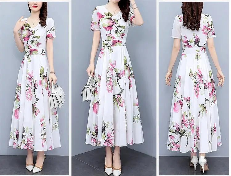New Released Summer Dress 2023 Wholesale Chiffon Floral White Dress Oversized Slim Long Modest Dress - PratSN