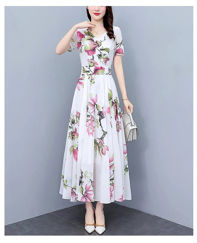 New Released Summer Dress 2023 Wholesale Chiffon Floral White Dress Oversized Slim Long Modest Dress - PratSN