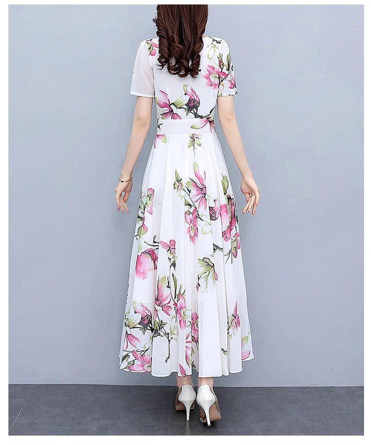 New Released Summer Dress 2023 Wholesale Chiffon Floral White Dress Oversized Slim Long Modest Dress - PratSN