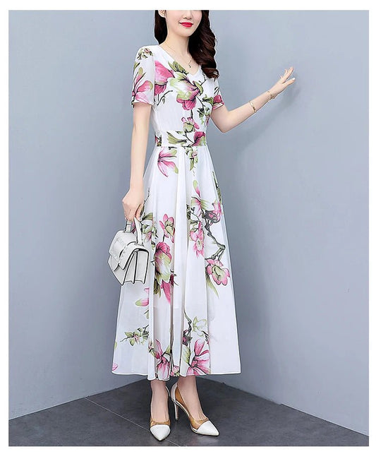 New Released Summer Dress 2023 Wholesale Chiffon Floral White Dress Oversized Slim Long Modest Dress - PratSN