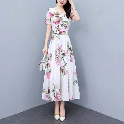 New Released Summer Dress 2023 Wholesale Chiffon Floral White Dress Oversized Slim Long Modest Dress - PratSN