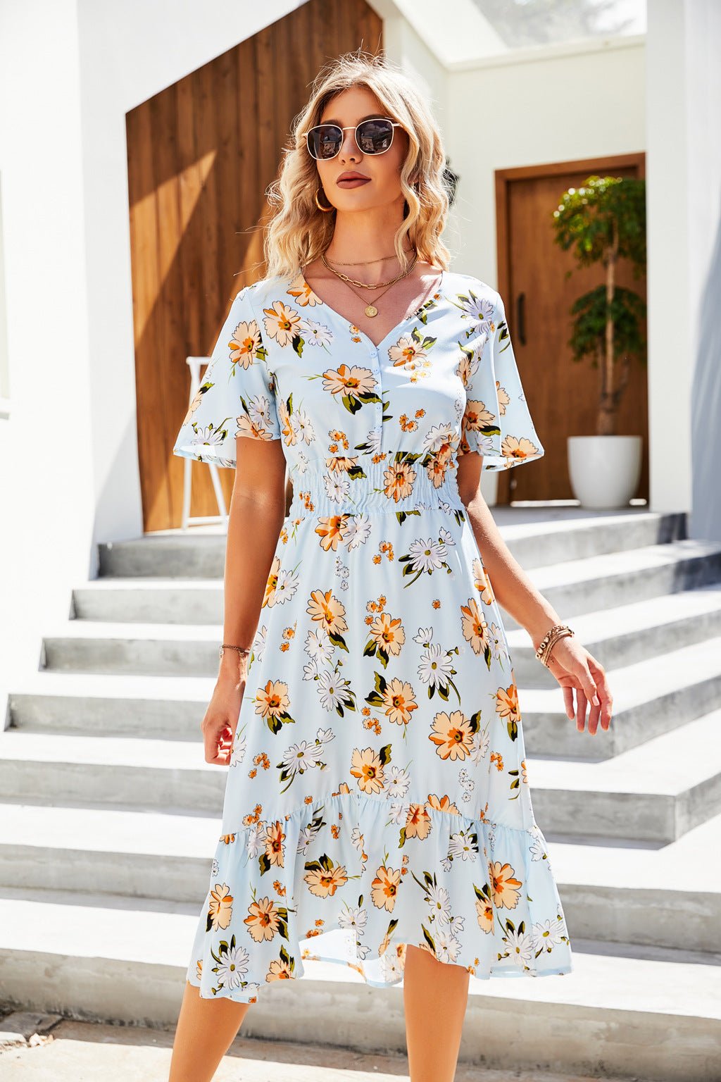 New Short Sleeve Ruffle Print Neck Dress - PratSN