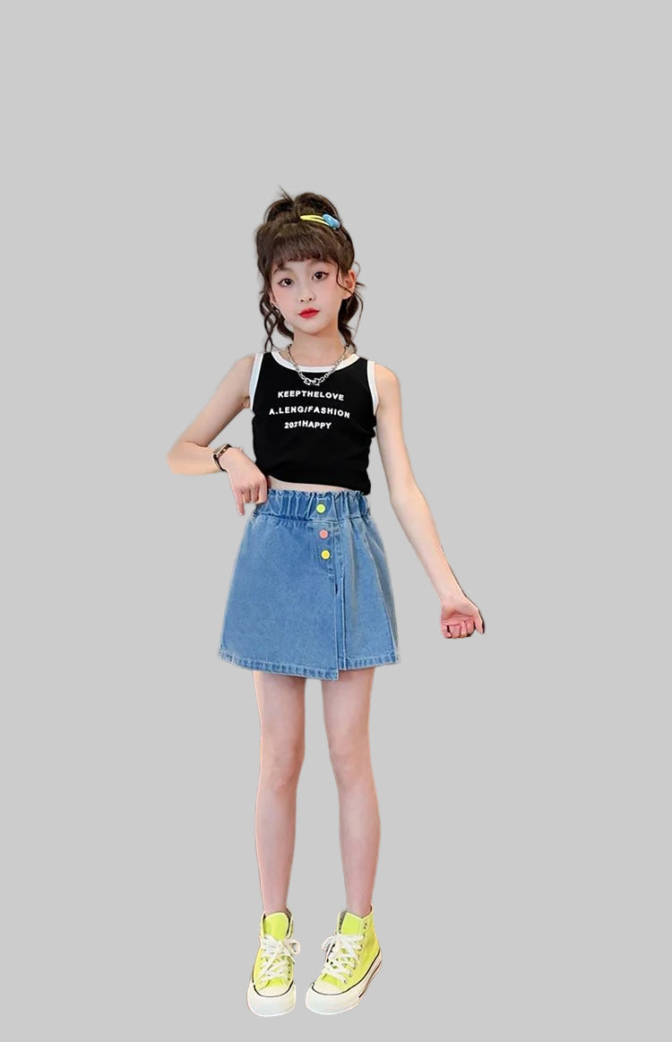 New Summer Children's Denim Shorts Under the Skirt For Teenage Girl Casual Skirt with Shorts Kids Colorful Button Jeans Culottes - PratSN