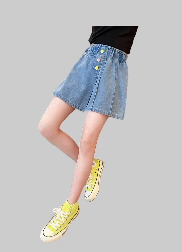 New Summer Children's Denim Shorts Under the Skirt For Teenage Girl Casual Skirt with Shorts Kids Colorful Button Jeans Culottes - PratSN