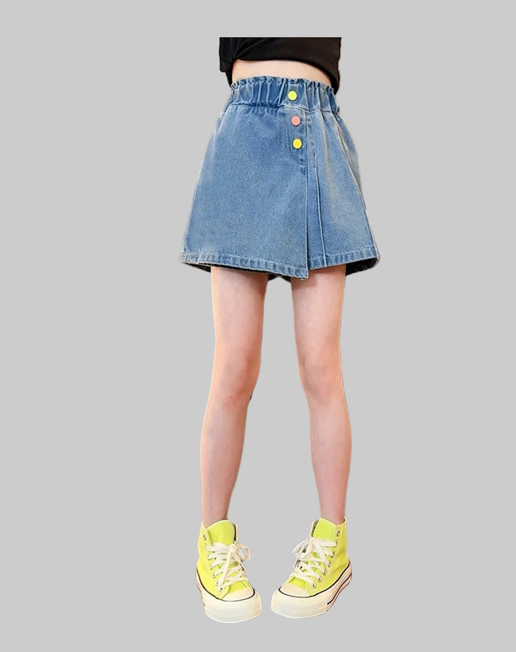 New Summer Children's Denim Shorts Under the Skirt For Teenage Girl Casual Skirt with Shorts Kids Colorful Button Jeans Culottes - PratSN