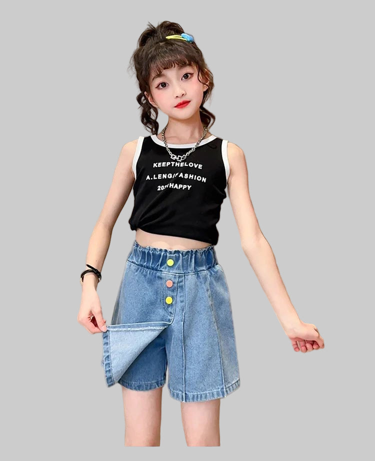 New Summer Children's Denim Shorts Under the Skirt For Teenage Girl Casual Skirt with Shorts Kids Colorful Button Jeans Culottes - PratSN