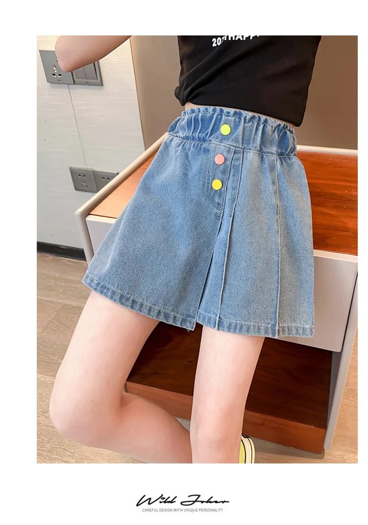 New Summer Children's Denim Shorts Under the Skirt For Teenage Girl Casual Skirt with Shorts Kids Colorful Button Jeans Culottes - PratSN