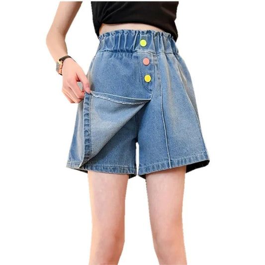 New Summer Children's Denim Shorts Under the Skirt For Teenage Girl Casual Skirt with Shorts Kids Colorful Button Jeans Culottes - PratSN