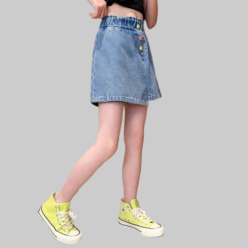 New Summer Children's Denim Shorts Under the Skirt For Teenage Girl Casual Skirt with Shorts Kids Colorful Button Jeans Culottes - PratSN