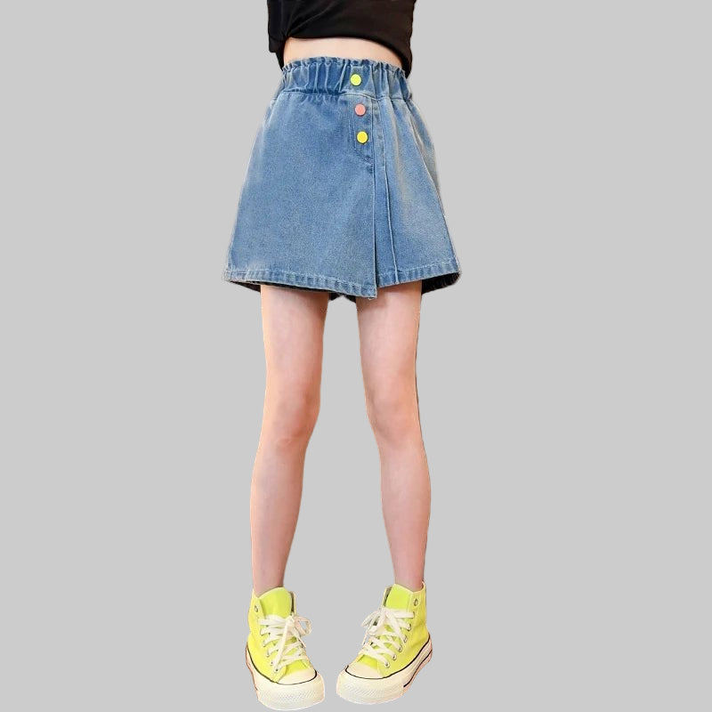 New Summer Children's Denim Shorts Under the Skirt For Teenage Girl Casual Skirt with Shorts Kids Colorful Button Jeans Culottes - PratSN