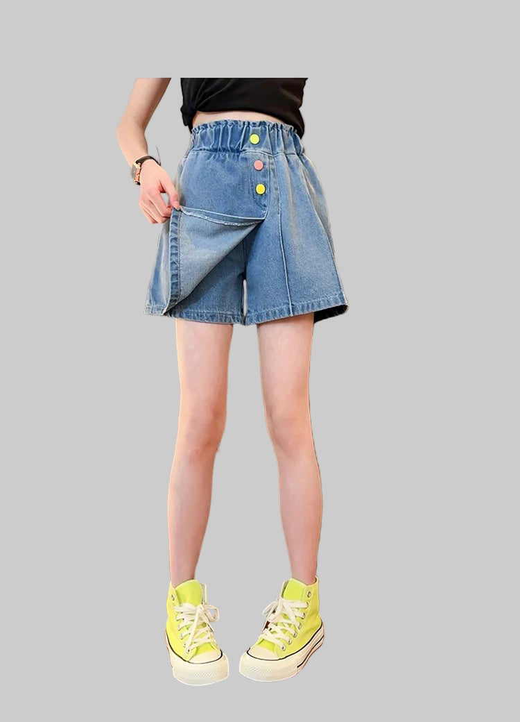 New Summer Children's Denim Shorts Under the Skirt For Teenage Girl Casual Skirt with Shorts Kids Colorful Button Jeans Culottes - PratSN