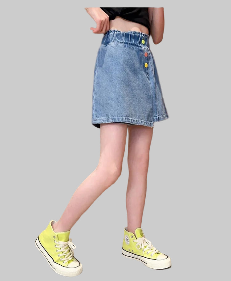 New Summer Children's Denim Shorts Under the Skirt For Teenage Girl Casual Skirt with Shorts Kids Colorful Button Jeans Culottes - PratSN