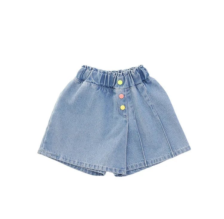 New Summer Children's Denim Shorts Under the Skirt For Teenage Girl Casual Skirt with Shorts Kids Colorful Button Jeans Culottes - PratSN