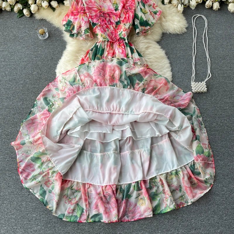 New Summer Elegant V Neck Elasic High Waist Allover Floral Chiffon Layered Dress Women Casual Holiday Sandbeach Maxi Dresses - PratSN