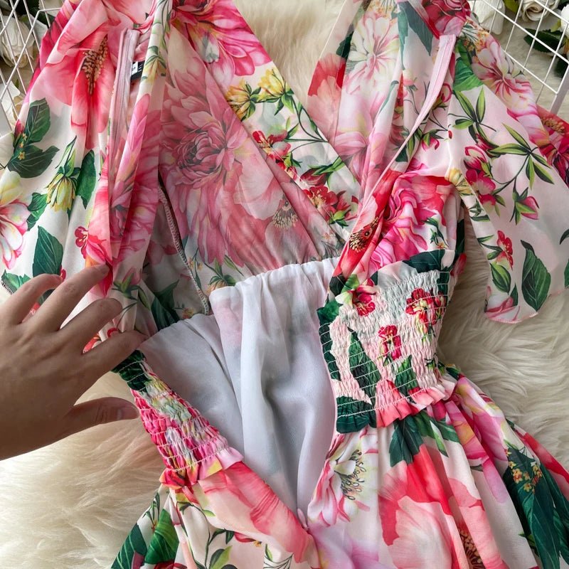 New Summer Elegant V Neck Elasic High Waist Allover Floral Chiffon Layered Dress Women Casual Holiday Sandbeach Maxi Dresses - PratSN