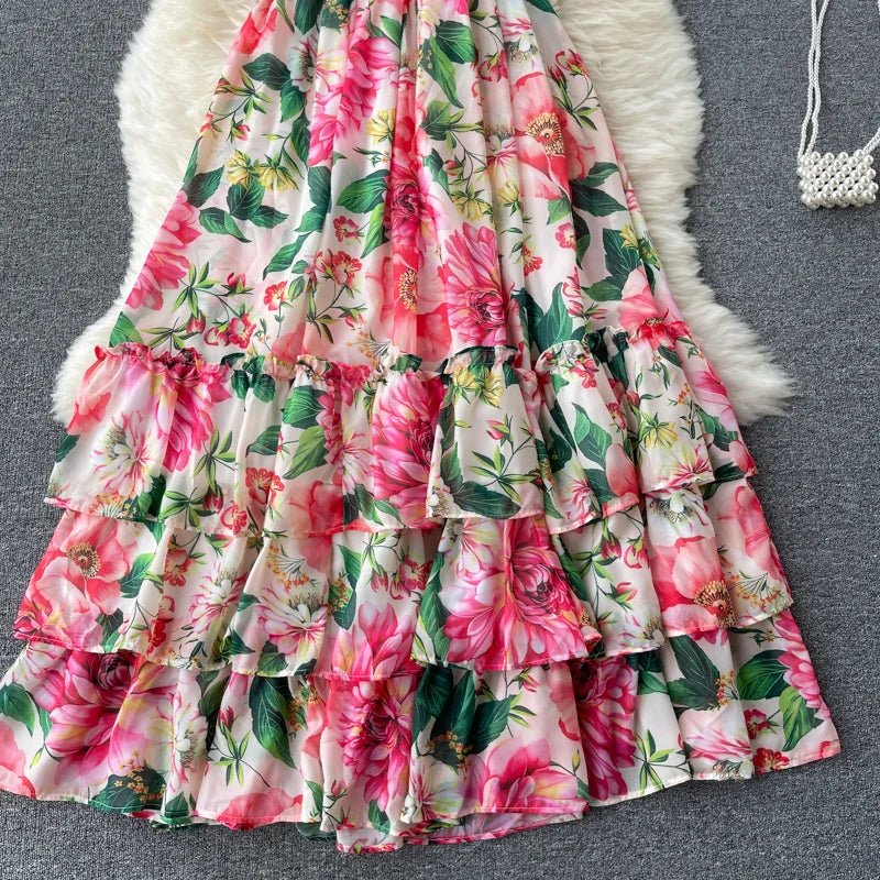 New Summer Elegant V Neck Elasic High Waist Allover Floral Chiffon Layered Dress Women Casual Holiday Sandbeach Maxi Dresses - PratSN