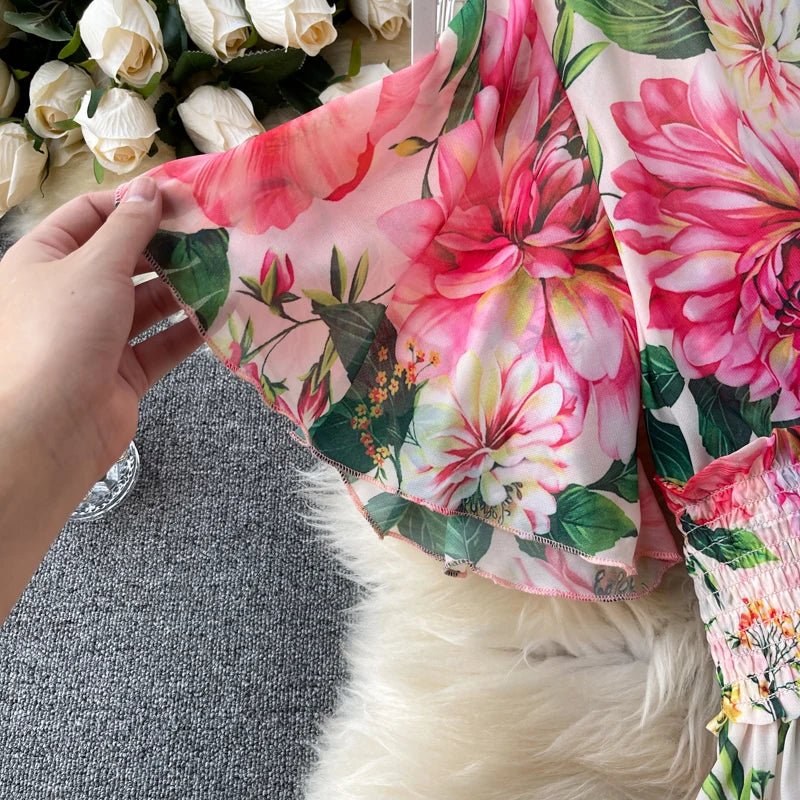 New Summer Elegant V Neck Elasic High Waist Allover Floral Chiffon Layered Dress Women Casual Holiday Sandbeach Maxi Dresses - PratSN