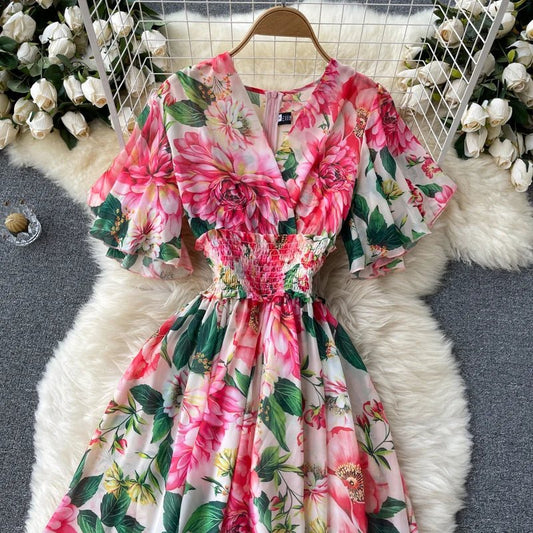 New Summer Elegant V Neck Elasic High Waist Allover Floral Chiffon Layered Dress Women Casual Holiday Sandbeach Maxi Dresses - PratSN