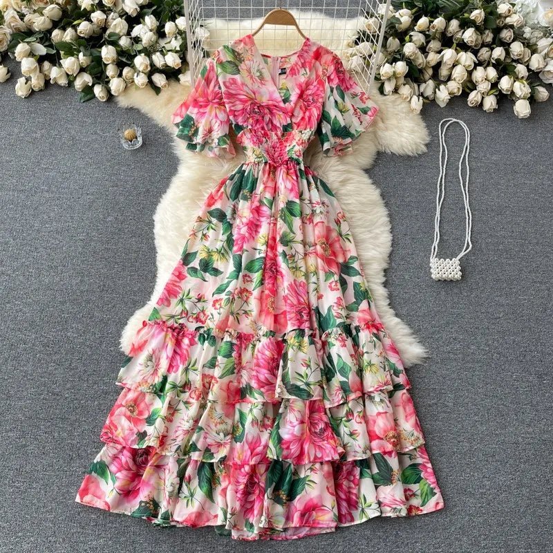 New Summer Elegant V Neck Elasic High Waist Allover Floral Chiffon Layered Dress Women Casual Holiday Sandbeach Maxi Dresses - PratSN