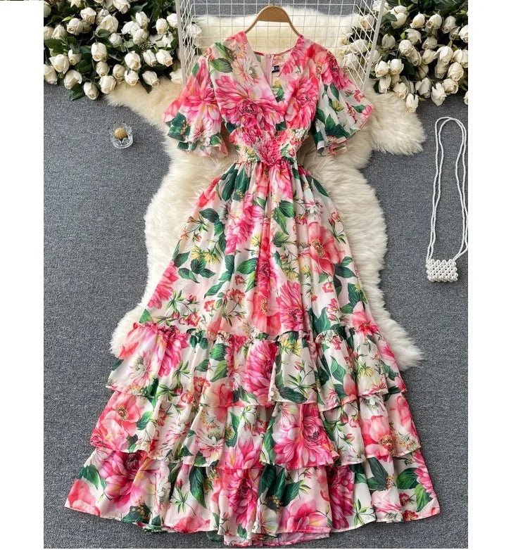 New Summer Elegant V Neck Elasic High Waist Allover Floral Chiffon Layered Dress Women Casual Holiday Sandbeach Maxi Dresses - PratSN