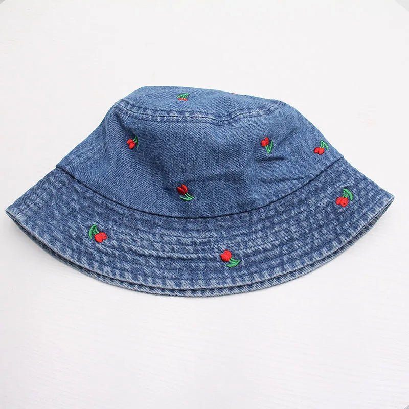 New Summer Embroidery Cherry Washed Denim Bucket Hat For Women Outdoor Fisherman Hat Beachside Sunscreen Cap Female Gift - PratSN